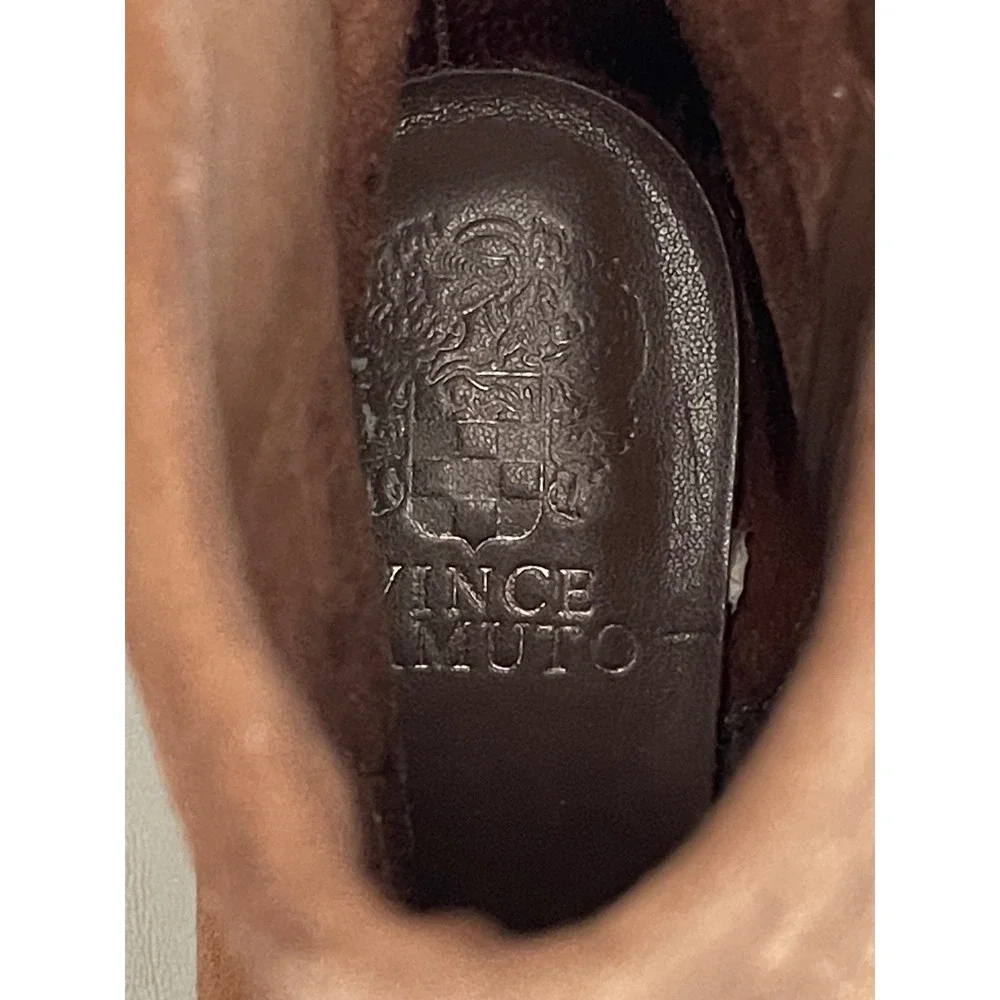 Vince Camuto Brown Suede Pointed Toe Kitten Heel Ankle Booties Fold Over Cuff